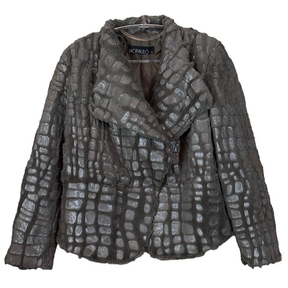 SaoPaulo Faux Fur Leather Shiny Animal Print Snap Coat Jacket Gray Size 42 US 10 - Picture 8 of 8